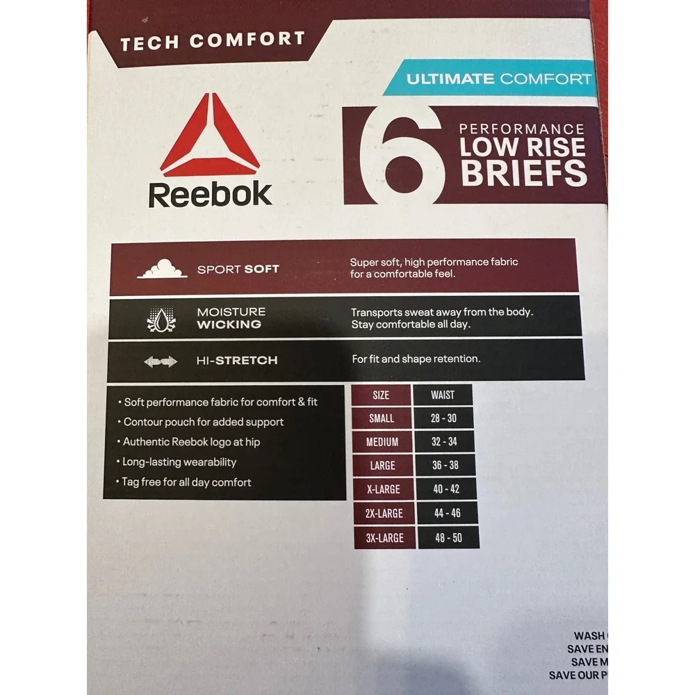 Reebok Mens 6 Pack Performance Low Rise Briefs Tech Comfort XL Multi Color New